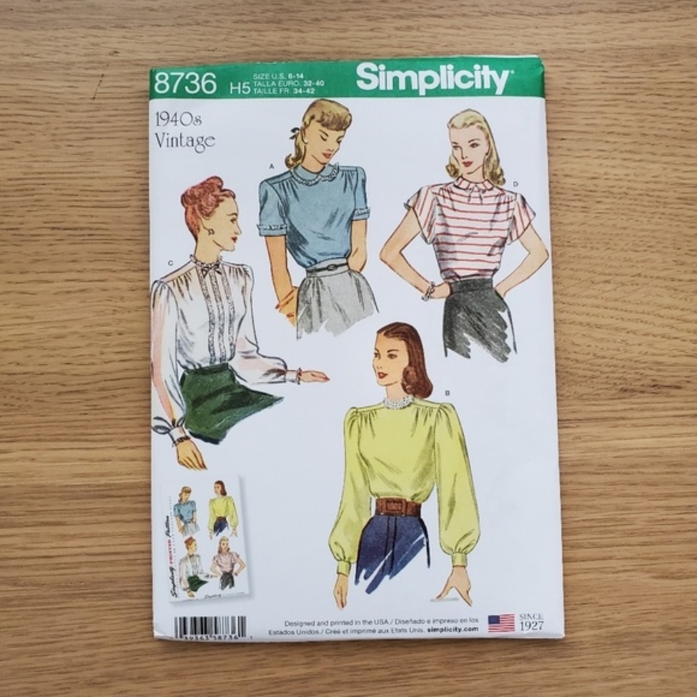 NEW Simplicity Vintage 1940's Blouse Sewing Pattern